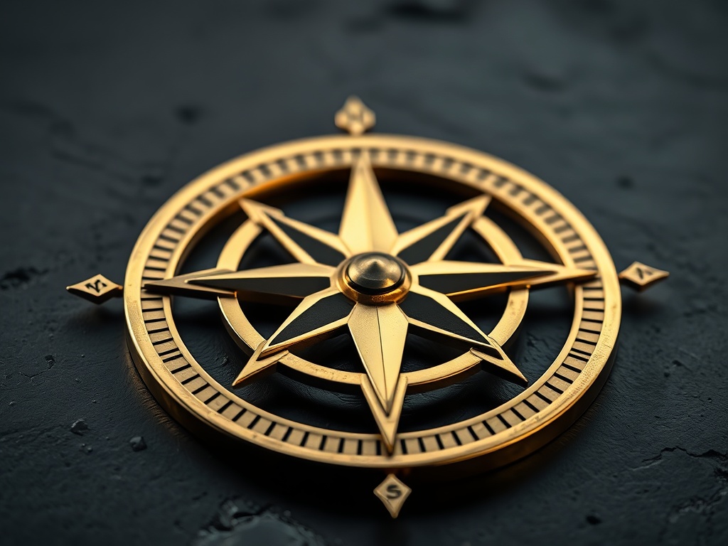 Macro shot of a gold geometric compass rose on a dark slate background. Sharp details, subtle reflection. Photorealistic, 8k, commercial photography style.